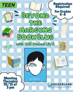 Image of Book cover of the book Holes (Silhouette of boy's face on blue background) surrounded by books on a gingham background. Beyond the Margins Book Club with GHS Student Lily R on Thursday 10/15 at 5 pm