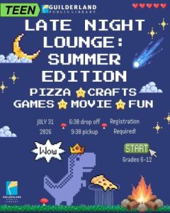4 Image of video game dinosaur under a night sky eating pizza by a campfire. Image reads "Late Night Lounge, Summer edition"