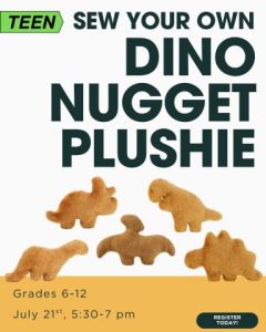 5 Image of five types of dinosaur chicken nuggets but in pillow form. Image reads "Sew Your Own Dino Nugget Plushie"