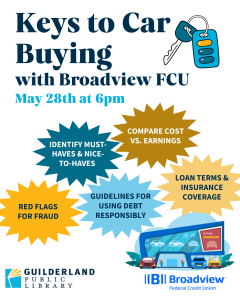 Keys to Car Buying May 28th at 6 pm. Image of car keys. Presentation by Broadview FCU.