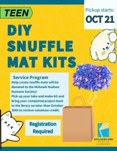 Teen DIY Snuffle Mat Kit. Image of a cat and a dog with tied fabric that makes up a snufflemat.