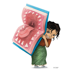Child holding an open book with a two page dinosaur mouth illustration