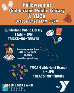 Text image describing details of Halloween events hosted by GPL and Guilderland YMCA