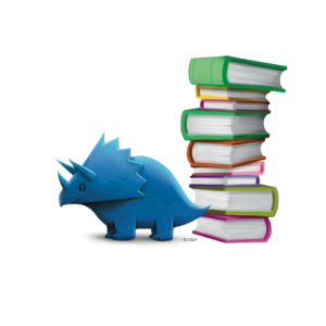 little blue triceratops with a stack of books