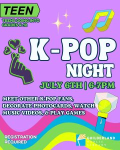 Jenni July 2026 Image of finger heart and kpop lightstick with music imagery all around. Kpop night for teens entering grades 6-12 is July 6th 6-7 pm