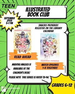 Illustrated Book Club image of volume one of Madoka Magica and image of anime adaptation