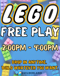 LEGO Free Play - library calendar LEGO Free Play promo image. Blue background with various colored Legos along edges.