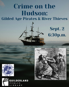 two women pirates brawling with a pirate ship background. Crime on the Hudson Sept 2 at 6:30 pm