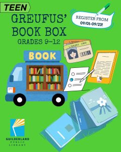 Greufus' Book Box. Image of books on the go travelling outside the library. Registration available during the month of September until full!