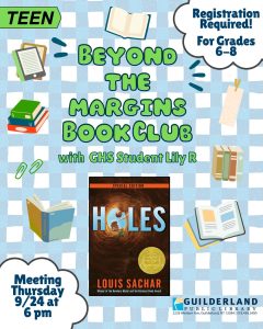 Image of Book cover of the book Holes (Two boys looking down into a hole) surrounded by books on a gingham background. Beyond the Margins Book Club with GHS Student Lily R on Thursday 9/24 at 5 pm
