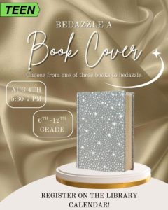bedazzle A bedazzled book stands on a pedestal. The image reads "Bedazzle a book cover"